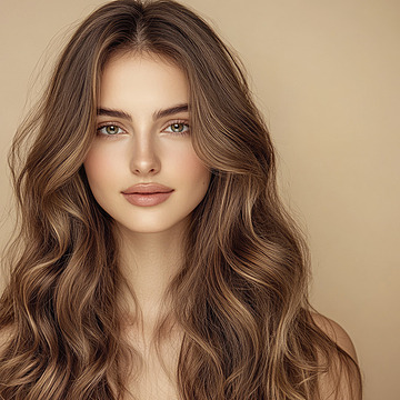 A beautiful woman with long, flowing and wavy brown hair, shiny and well-groomed, against a beige background, embodying the concept of beauty.